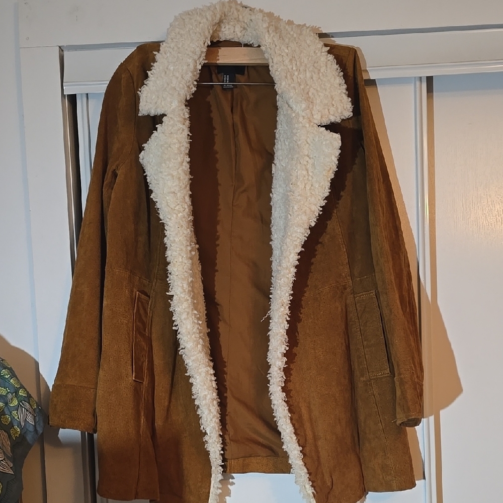 Forever 21 Brown Seude Jacket with White Sherpa Collar